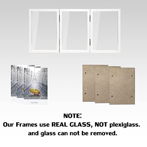 WUTL 3 Picture Frame Triple Collage 5x7 Frames with Real Glass White | Trifold Photo Frame, Hinged Foldable, Crystal Clear Real Glass - color: White, size: 5x7