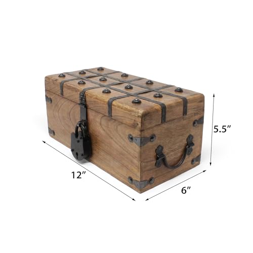 Treasure Chest Wooden Box with Antique Iron Lock and Skeleton Key (Medium 12.5x6x5.5) - Storage and Decor – Pirate Chest, Decorative Storage Chest with Hinged Lid, Wood Treasure Box - size: Medium 12.5 x 6 x 4.5"