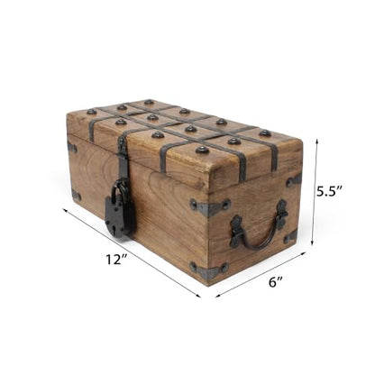 Treasure Chest Wooden Box with Antique Iron Lock and Skeleton Key (Medium 12.5x6x5.5) - Storage and Decor – Pirate Chest, Decorative Storage Chest with Hinged Lid, Wood Treasure Box - size: Medium 12.5 x 6 x 4.5"
