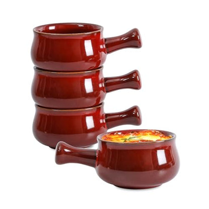 vicrays French Onion Soup Bowls With Handles, 26 Ounce for Soup, Chili, Beef Stew, Chip Resistant, Dishwasher Microwave Safe, Set of 4 (Cherry Red) - color: Cherry Red