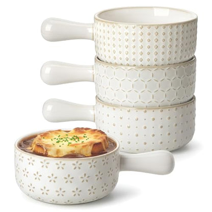 MALACASA French Onion Soup Bowls with Handles, Oven Safe Bowls Set of 4 | 20 oz 5 Inch Soup Crocks for Chilli, Beef Stew, Cereal, Pasta, Elegant Embossed, Crack Resistant Durability, Series LYDIA