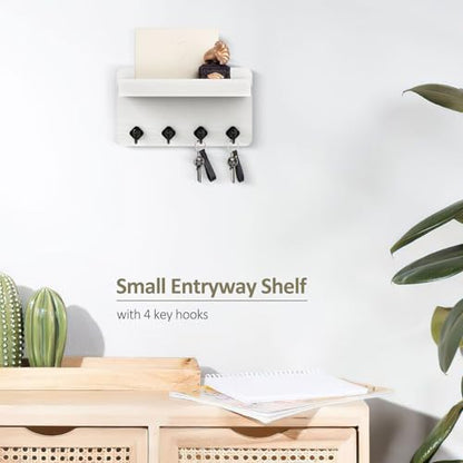 Nekon Key Holder Wall Mount, 8.5 Inch Small Wooden Wall Organizer, White | Rustic Wall Shelf, Farmhouse Key and Mail Holder for Living Room Entryway Kitchen - color: White