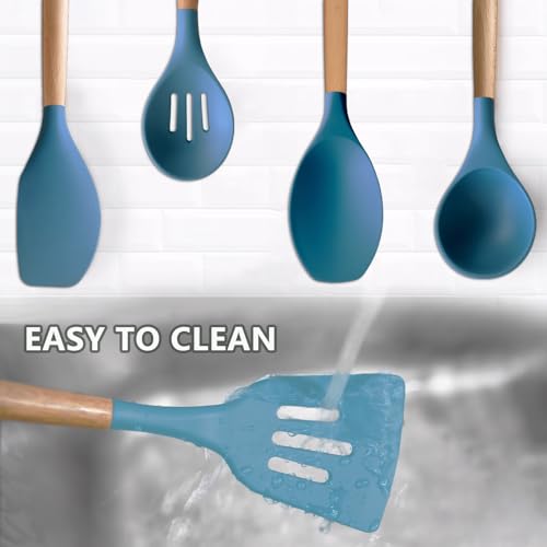 Silicone Kitchen Cooking Utensils Set 5Pcs Non-Stick Silicone Kitchen Utensils Set Spatula Spoon Turner Ladle with Wooden Handle, Heat Resistant Cooking Gadgets for Nonstick Cookware BPA-FREE - color: Blue, size: Standard 5-Piece Set