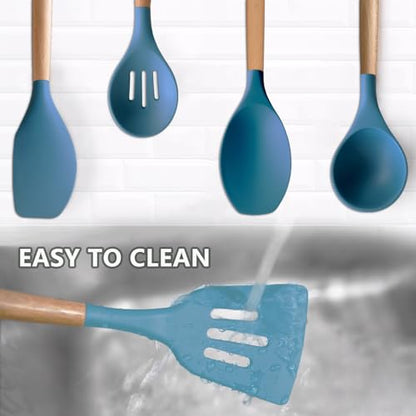 Silicone Kitchen Cooking Utensils Set 5Pcs Non-Stick Silicone Kitchen Utensils Set Spatula Spoon Turner Ladle with Wooden Handle, Heat Resistant Cooking Gadgets for Nonstick Cookware BPA-FREE - color: Blue, size: Standard 5-Piece Set