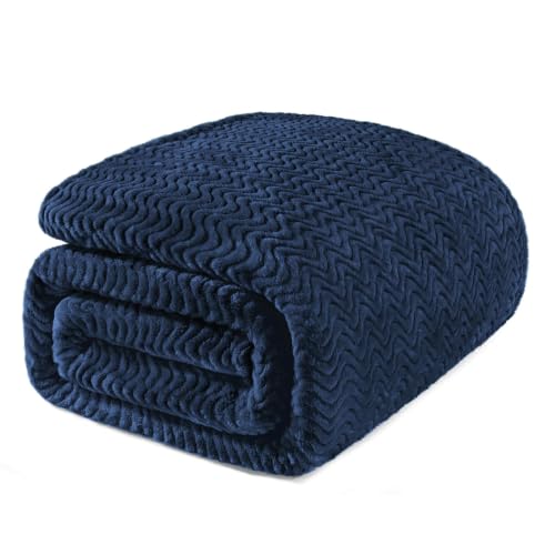 Exclusivo Mezcla Soft Fleece Blanket King Size, Cozy Lightweight Blankets with Decorative Wave Textured Suitable for All Season Use, Navy Blue, 90x104 Inches | 90"x104" Breathable Lightweight Flannel Blanket for Summer, Plush Cozy Jacquard Wave for Home D