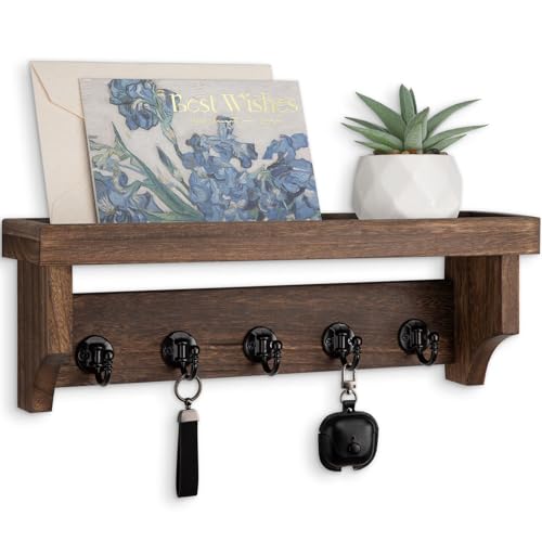 Key and Mail Holder Wall Mount, Key Holder with Shelf and Mail Organizer Wall Mount. Mail Holder with 5 Hooks for Coat, Dog Leash, Home Decor Rack, Entry Way Organizer (Brown) - color: Brown