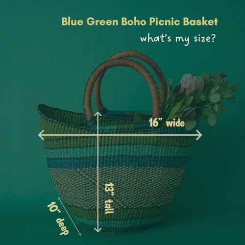 African Woven Market Basket Tote with Leather Handles, Blue Green, 16 Inch Wide - color: Blue Green