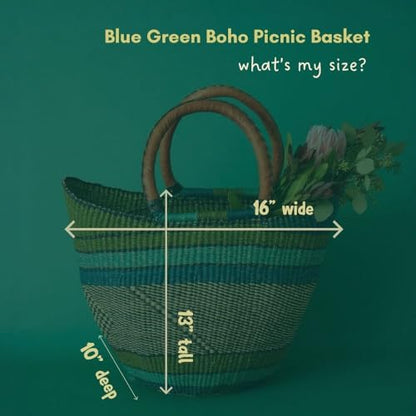 African Woven Market Basket Tote with Leather Handles, Blue Green, 16 Inch Wide - color: Blue Green