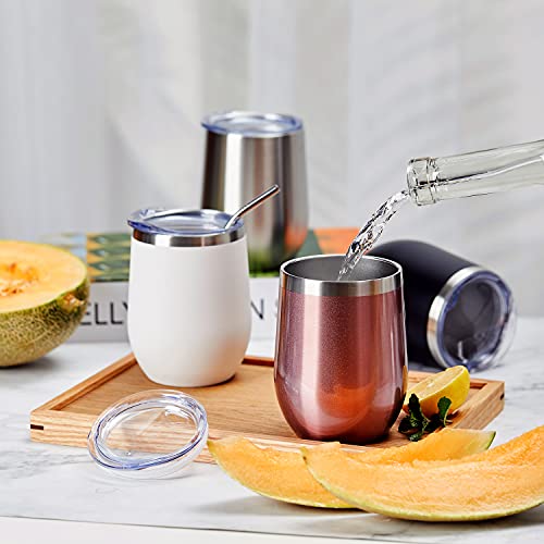 COMOOO Stainless Steel Wine Tumbler with Lid and Straw 12oz Double Wall Vacuum Insulated Travel Tumbler Cup for Coffee, Wine, Cocktails, Champagne (Black White Silver and Rose Gold,8 Pack) - color: Black-White-Silver-Rose Gold