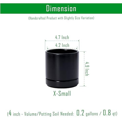D'vine Dev 4-Pack Ceramic Pots with Saucers, Black, 4.7 in, 94-X-B-2 | Glazed Ceramic, Drainage Hole and Saucer, Sleek Cylinder Shape, High Temperature Fired, Ideal for Small Houseplants - color: Black, size: 4.7 Inch
