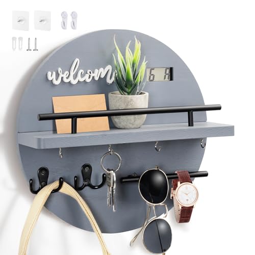 Key Holder for Wall, Key and Mail Holder Organizer with - Key Holder Wall Mount - Round Wooden Rustic Home Decor for Entryway, Mudroom, Hallway, Kitchen Office (Gray) - color: Gray