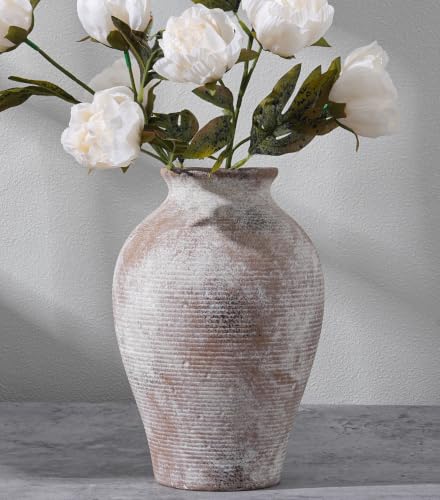 Ceramic Flower Vase Home Decor, 9 in Farmhouse Table Vase Retro Vintage Living Room Kitchen Bedroom Decoration Pottery Decorative Vases for Flowers Shelf Office Coffee Desk Dining Entryway, Classic - color: 9 in - Terracotta