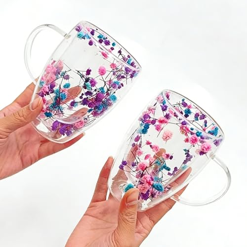 Viovian 13oz Double Wall Glass Coffee Mugs Set of 2 Insulated Glass Coffee Cups with Handles,Clear Dried Flower Tea Mug for Hot Beverages,Tea Cup Women Birthday Gifts - color: 13oz double wall glass mugs set of 2（Starry Sky）