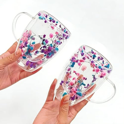 Viovian 13oz Double Wall Glass Coffee Mugs Set of 2 Insulated Glass Coffee Cups with Handles,Clear Dried Flower Tea Mug for Hot Beverages,Tea Cup Women Birthday Gifts - color: 13oz double wall glass mugs set of 2（Starry Sky）