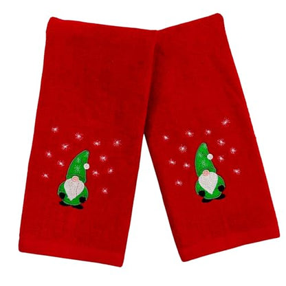 Holiday Christmas Guest Hand Towels: Festive Embroidered Gnome Country Farmhouse Red Terrycloth Towels with Winter Theme, 2 pc, 16 x 25 - color: Green Gnome on Red