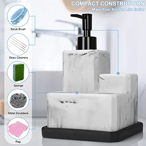 Soap Dispenser with Sponge Holder and Brush Holder,White Marble 3 in 1 Liquid Hand Dish Soap Dispenser and Sponge Holder Sink Caddy Organizer for Kitchen Bathroom,Removable Bottom Tray