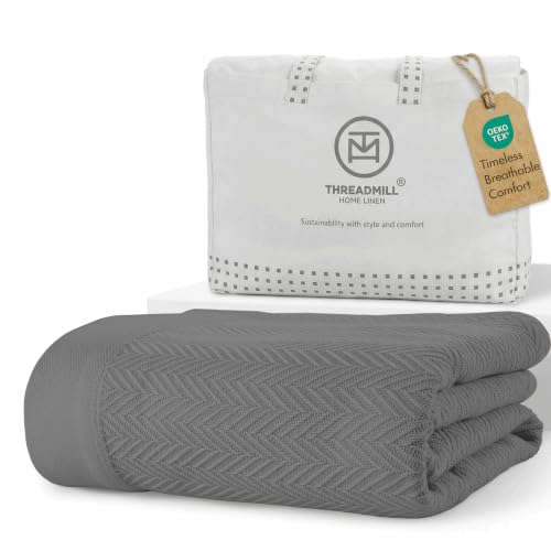 Threadmill Cotton King Blanket, Herringbone, Dark Grey, Machine Washable | 100% Cotton, Herringbone Pattern, 106x92 in, Breathable, All-Season, OEKO-TEX Certified, Machine Washable - color: Dark Grey, size: King (106" x 92")