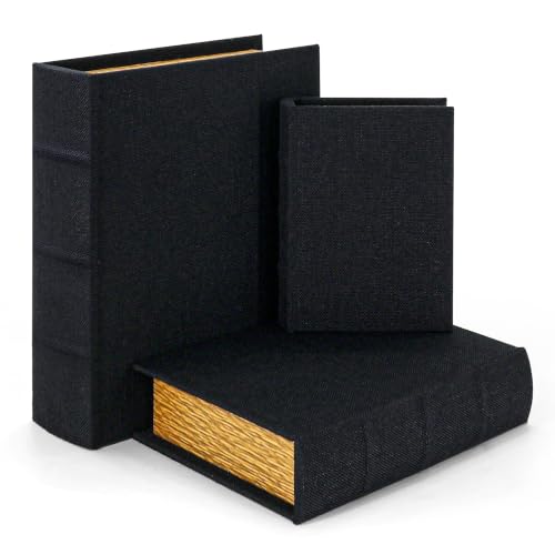 Jolitac Decorative Book Boxes, Faux Linen & Wood, Set of 3 | Stackable hidden storage containers, handcrafted, for coffee table, shelf decor, remotes & jewelry - color: Black