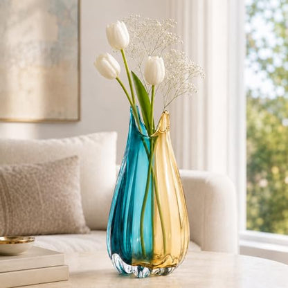 Hand Blown Glass Vase, Medium Wide Mouth Flower Vase Unique Modern Turquoise Glass Art Decor, Nonbreakable Vases for Table Centerpieces Living Room Decorative Amber and Teal Vase - size: Tall