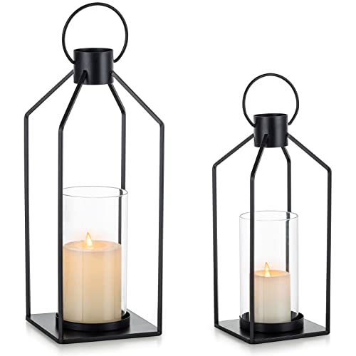 NUPTIO Decorative Lantern Candle Holder: Black Lantern with Hurricane Glass | Hanging Lanterns Decor 2 Pcs for Outdoor, Farmhouse Pillar Stand for Halloween Christmas Wedding Home Fireplace - color: Black
