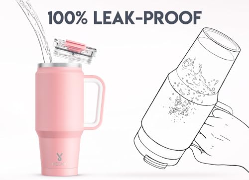 Meoky 32 oz Tumbler with Handle, Insulated Tumbler with Lid and Straw, Stainless Steel Travel Mug, Keeps Cold for 24 Hours, 100% Leak Proof, Fits in Car Cup Holder (Blush) - color: Blush, size: 32 Ounces