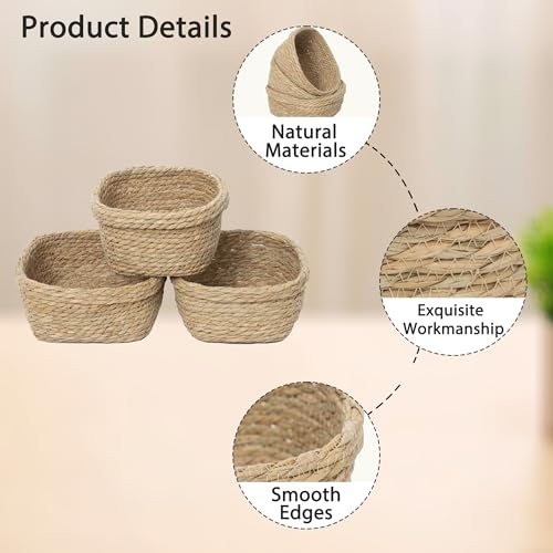 Square Seagrass Storage Baskets Set of 3, Hand Woven Stitched Rolled Edge Baskets, Boho Decorative Woven Baskets for Bathroom Kitchen Living Room Nursery