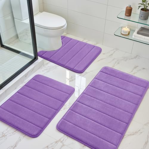 BYSURE Lavender Memory Foam Bathroom Rug Set 3 Piece | Non Slip Extra Soft Absorbent Machine Washable Toilet Bath Toilet Mat 17"x24"+20"x32"+U Shape 20"x24" - color: Lavender, size: 17"x24"+20"x32"+U Shape 20"x24"