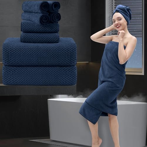 8 Piece Bathroom Towel Set Navy Blue |2 Oversized Large Bath Towels Sheet,2 Hand Towels and 4 Washcloths| 600GSM Ultra Soft Luxury Premium Towel Set Highly Absorbent Quick Dry Hotel Towel Collection - color: Texture Navy Blue, size: 8 Piece Towel Set