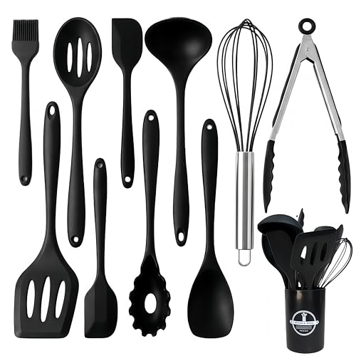 Silicone Kitchen Utensils Set,10 PCS Cooking Kitchen Utensils Set, Nonstick Kitchen Utensils 446°F Heat-Resistant Cookware Kitchen Tools of Spoon,Brush,Whisk,Spatula,Turner Tongs(Black)