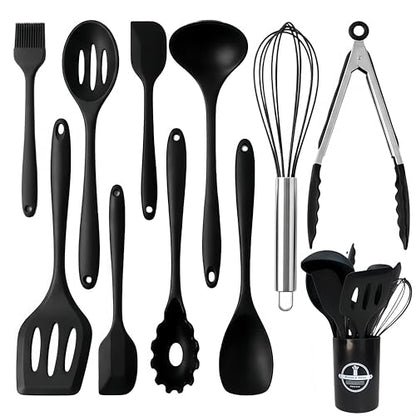 Silicone Kitchen Utensils Set,10 PCS Cooking Kitchen Utensils Set, Nonstick Kitchen Utensils 446°F Heat-Resistant Cookware Kitchen Tools of Spoon,Brush,Whisk,Spatula,Turner Tongs(Black)