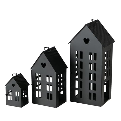 Main Street Town House Candle Lanterns, Set of 3, Vintage Style, Heart Details, Rustic Black, Metal, Corrugated Gabled Roof-Tops, 13.75, 9.5, and 5 Inches Tall - color: Black With Hearts