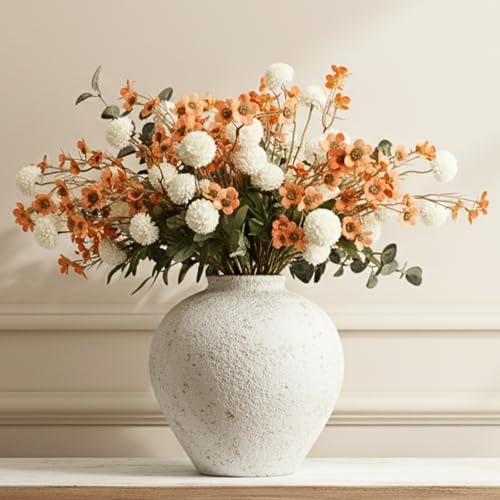 22 Long Stems Faux Silk Flowers, White & Orange Floral Arrangement | Artificial Bulk Silk Flowers for Vases, Modern Home Decor, Farmhouse Centerpieces for Tables, Rustic Decorations - color: Orange Wax+kiku