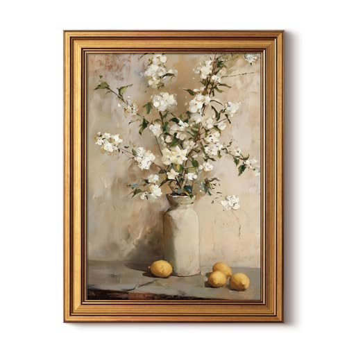 InSimSea 12x16 Vintage Gold Framed Floral Wall Art, White Flowers with Lemons Still Life Oil Painting Canvas Prints, Retro Farmhouse Botanical Pictures Decor for Kitchen Living Room Bedroom - color: Blossoms, size: 16"L x 12"W