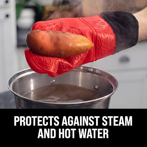 BPA-Free Soft Silicone Oven Mitts - Ultra Heat Resistant Oven Mitts with Thick Cotton Liner - Extra Long Slip Resistant Pot Holders, Flexible Oven Gloves - color: Canyon Red, size: 2-Piece 14.7" Oven Mitts