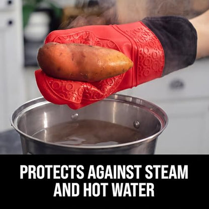 BPA-Free Soft Silicone Oven Mitts - Ultra Heat Resistant Oven Mitts with Thick Cotton Liner - Extra Long Slip Resistant Pot Holders, Flexible Oven Gloves - color: Canyon Red, size: 2-Piece 14.7" Oven Mitts