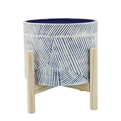 Sagebook Home 8" Planter on Stand - Ceramic Planter on Wooden Base - Contemporary Blue Textured Design Indoor or Outdoor Plant Stand Decor - color: Line Blue, size: 8 Inch