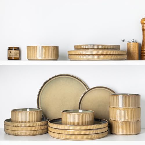 GBHOME Stoneware Dinnerware Sets for 4, 12 Pieces Plates and Bowls Set | Lightweight Ceramic Ribbed Dishes, Reactive Glaze Stackable Plate Set, Scratch Resistant, Microwave & Dishwasher Safe, Khaki - color: Sea Blue