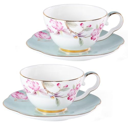 KAMMAK Tea Cups Set of 2,Ceramic Floral Pattern Demitasse Cup | Porcelain Espresso Cup with Saucer, 5.41 oz Handmade Elegant Bone China Tea Cups for Latte, Americano, Cappuccino - color: Fragrance in Spring