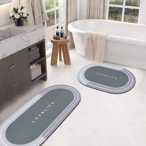 Rubber Bath mats Quick-Drying Non-Slip Bathroom mat Super Absorbent Bath mat Instant Dry Bath mat, Bathroom Rug in Front of The Kitchen Sink, Shower Room, Bathtub, Oval(Grey+16.9x26.7in+16.9x35.4in) - color: Grey, size: 16.9x26.7in+16.9x35.4in