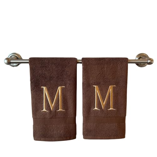 Brown with Beige Monogrammed Hand Towels for Bathroom - Set of 2 Letter M | Luxury Hotel Quality Initial Towels For Powder Room, Spa, GOTS Organic Certified - color: Brown With Beige, size: Initial M