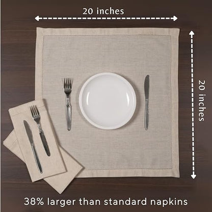 Ramanta Home Natural Cloth Dinner Napkin Set of 12-20x20 Inch, Premium Cotton Linen Flax Hemstitched Napkins, Soft Durable Washable for Everyday Use Thanksgiving Christmas Parties Halloween - color: Natural - Hemstitch, size: 20" x 20" (Set of 12)
