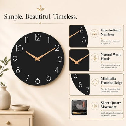 cicininc 12 Inch Battery Operated Wall Clock, Silent Analog, Black | Kitchen | Office | Bedroom | Modern Style | Easy-to-read Numbers - color: C_black, size: 12"