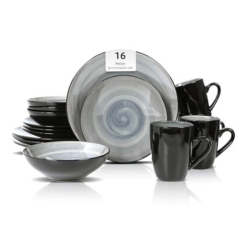 HomeVss, Sonoma Stoneware Dinnerware Set, Outside Black + Inside Hand Painting Color (16pc Set, Grey) - color: Gray