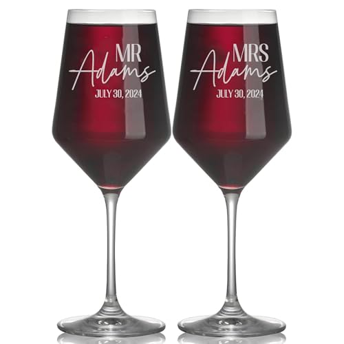 Personalized Wedding Wine Glasses, Engraved Mr & Mrs Wine Glass | Custom Crystal Glass for Bride and Groom, 18oz Wedding Glasses, Personalized Gifts for Couples, Husband and Wife, Newlyweds - color: Crystal Wine, size: Modern