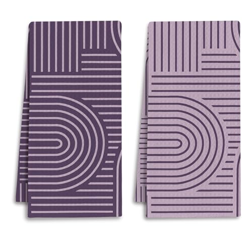 Abstract Boho Purple Kitchen Towels, Minimalist Contemporary Dish Tea Towels for Kitchen Decor, Mid Century Modern Purple Decorative Hand Towel for Bathroom, 16x24 Inches Set of 2 - color: Purple