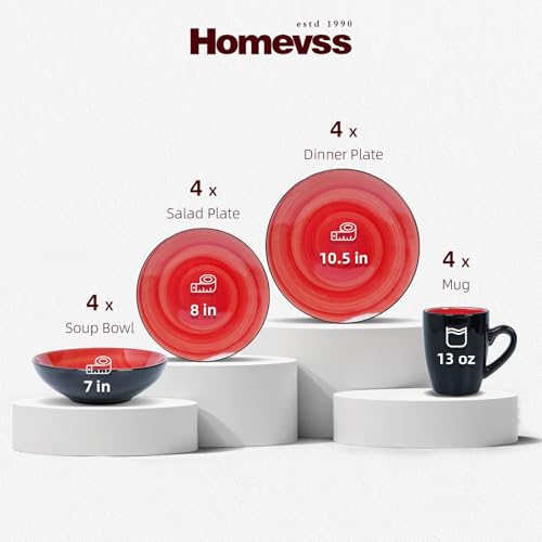 HomeVss Sonoma 16 Piece Stoneware Dinner Set Red, Outside Black + Inside Handpainted Color Red with speckle - color: Red