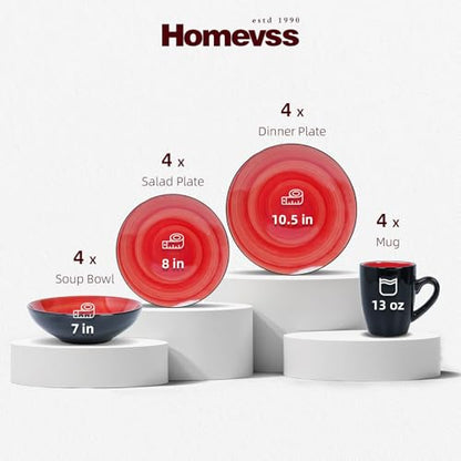 HomeVss Sonoma 16 Piece Stoneware Dinner Set Red, Outside Black + Inside Handpainted Color Red with speckle - color: Red