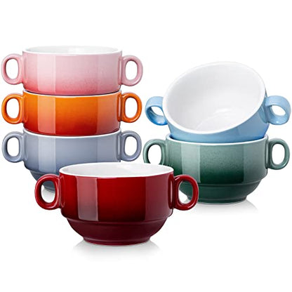 LOVECASA Multi-Color 12 OZ Soup Bowls with Handles, Ceramic Small French Onion Soup Bowls, Mini Soup Mugs Serving Bowls for Kitchen, Microwave & Dishwasher Safe,Set of 6