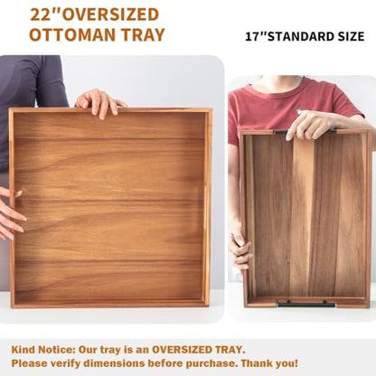 Large Wooden Serving Tray for Ottoman Wooden Ottoman Tray 20INCH Acacia Square Tray with Handles Wooden Coffee Table Tray Multi-Use for Dinner Breakfast Snack & Entertaining Guests