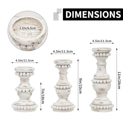 Farmhouse Large Candle Holders for Pillar Candles, Rustic Wooden Beaded Candle Holder, Perfect for Table Centerpieces, Coffee Table or Fireplace Mantel, 3 Piece Set (White) - color: White
